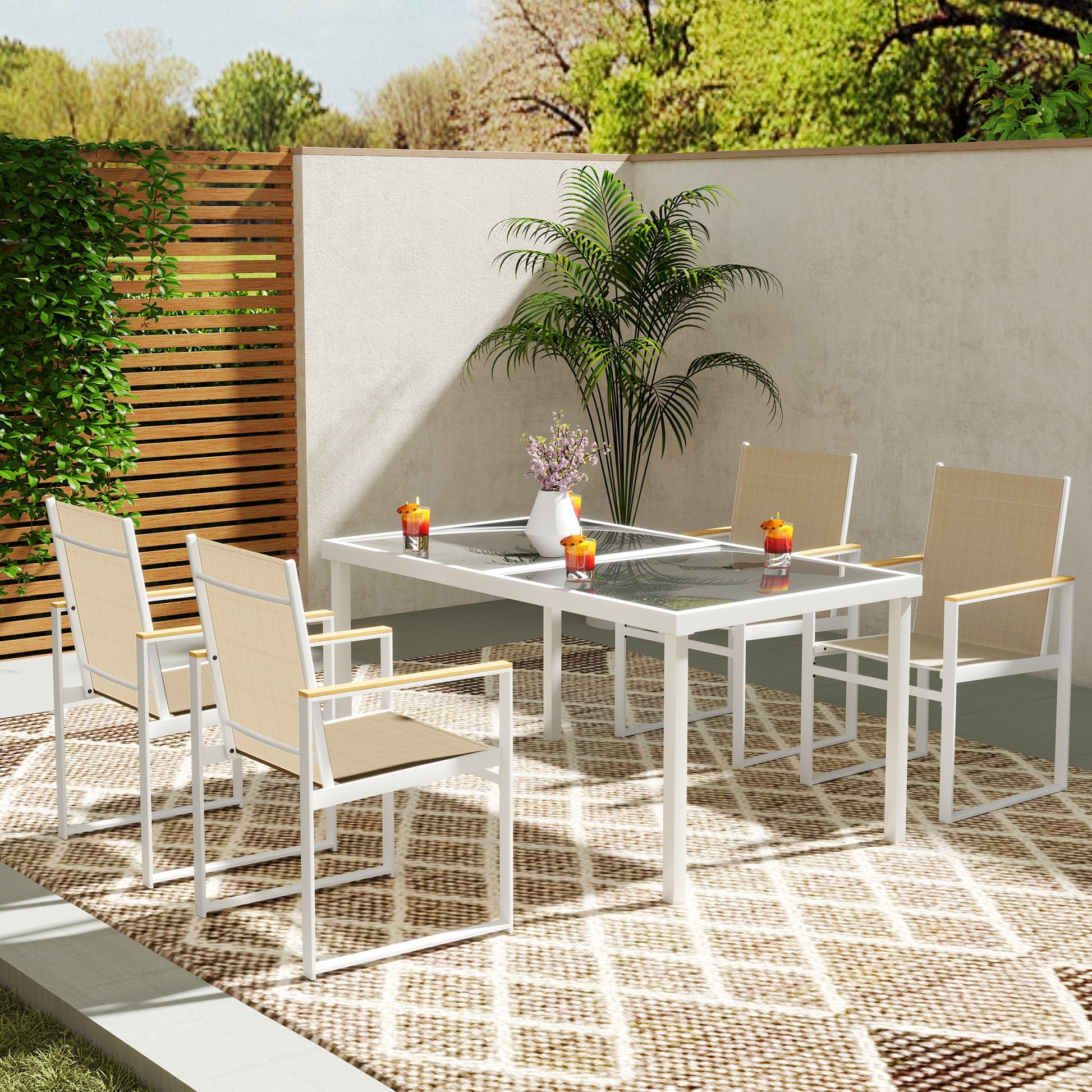 5-teiliges Ess-Set, Outdoor-Tisch aus Hartglas, 4 Stühle, wetterbeständig, Stahlrahmen