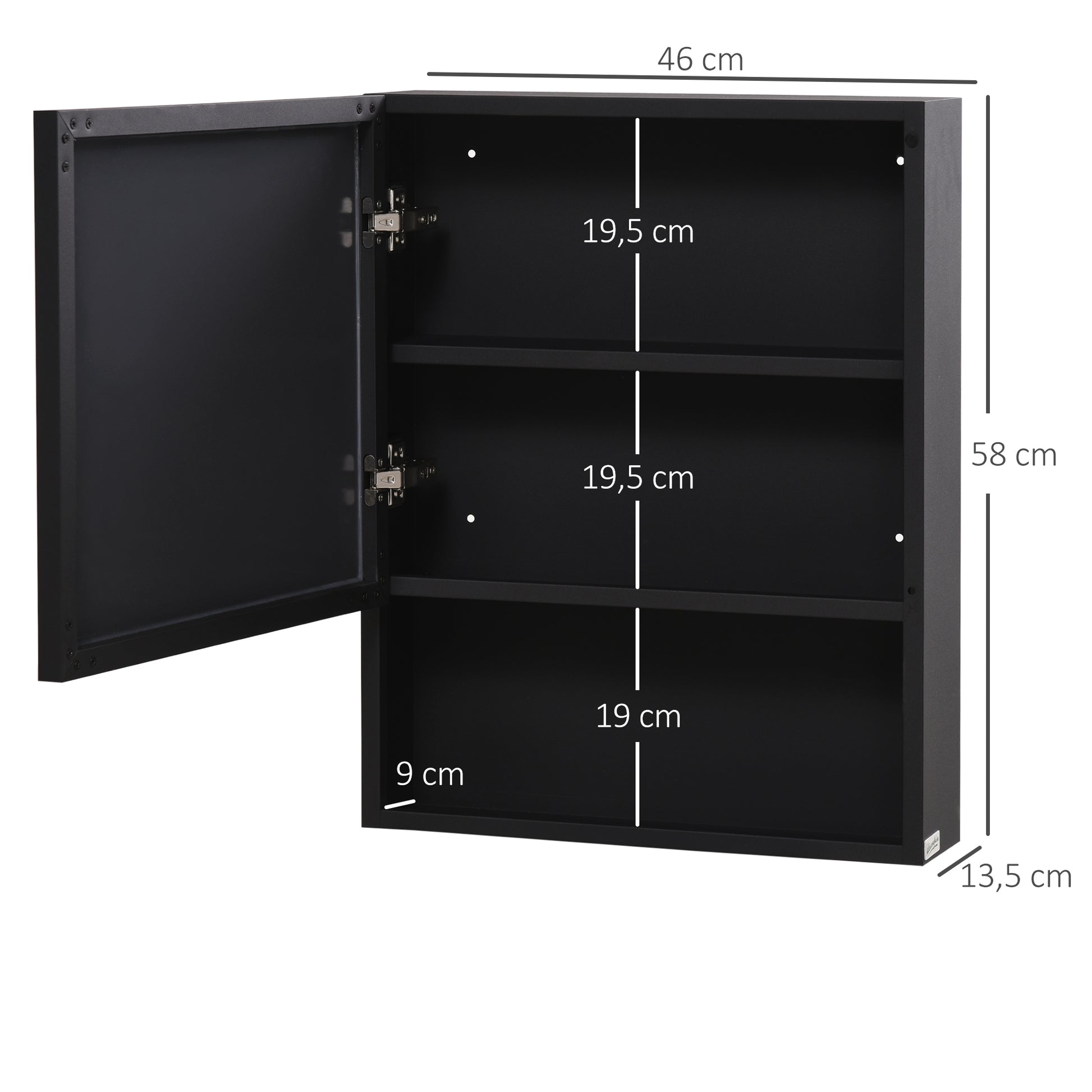 Spiegelschrank, 2 Innenböden, offenes Regalfach, Stahlgehäuse, schwarz, 46 x 13,5 x 58 cm