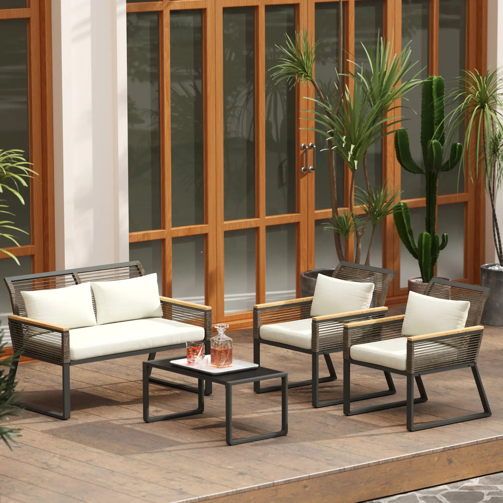 Gartenmöbel Balkonmöbel Set 4 Personen wetterfest mit 2er Sofa, 2 Stühle Glastisch Sitzkissen