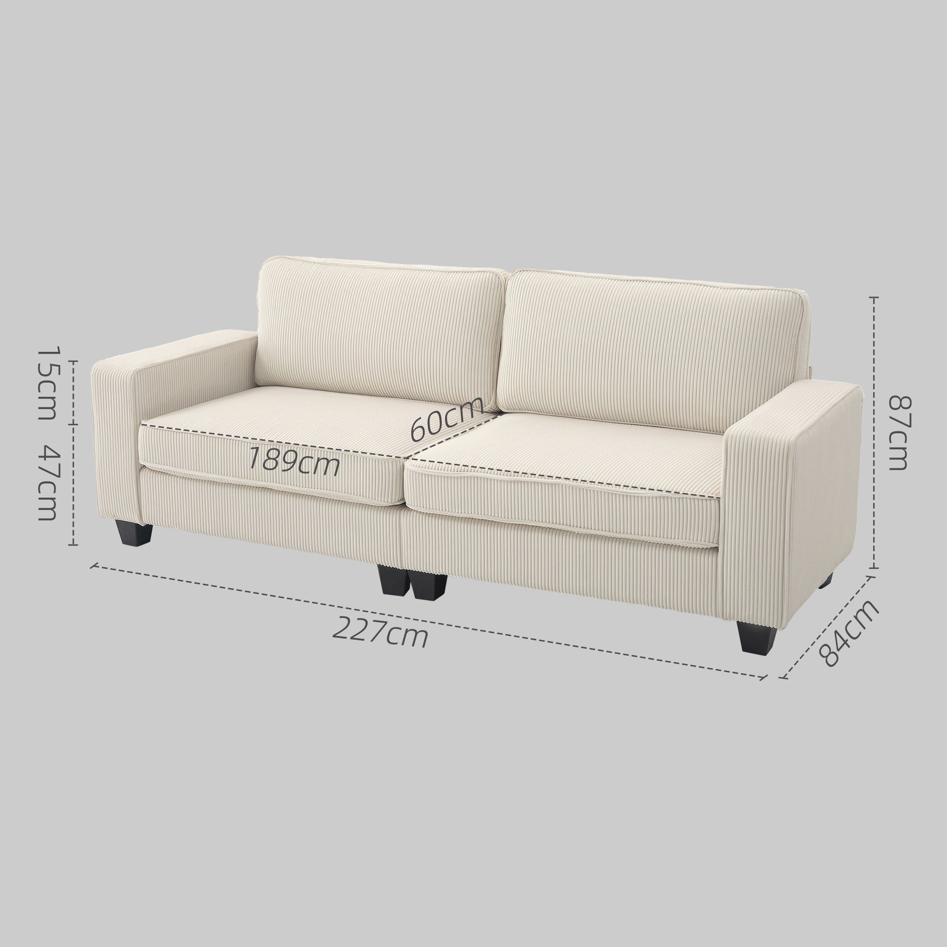 3-Sitzer Sofa mit Cordbezug, bis 400 kg, 227 x 84 x 87 cm, Cremeweiß