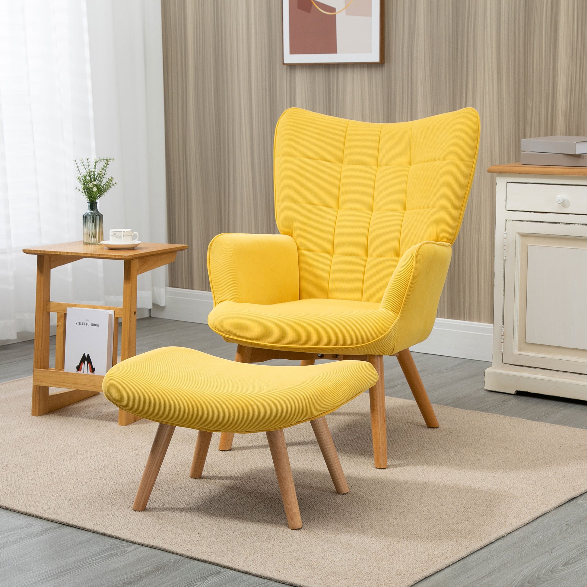 Akzentsessel mit Hocker, Relaxsessel in Cord-Optik, Armlehnstuhl mit Holzbeinen