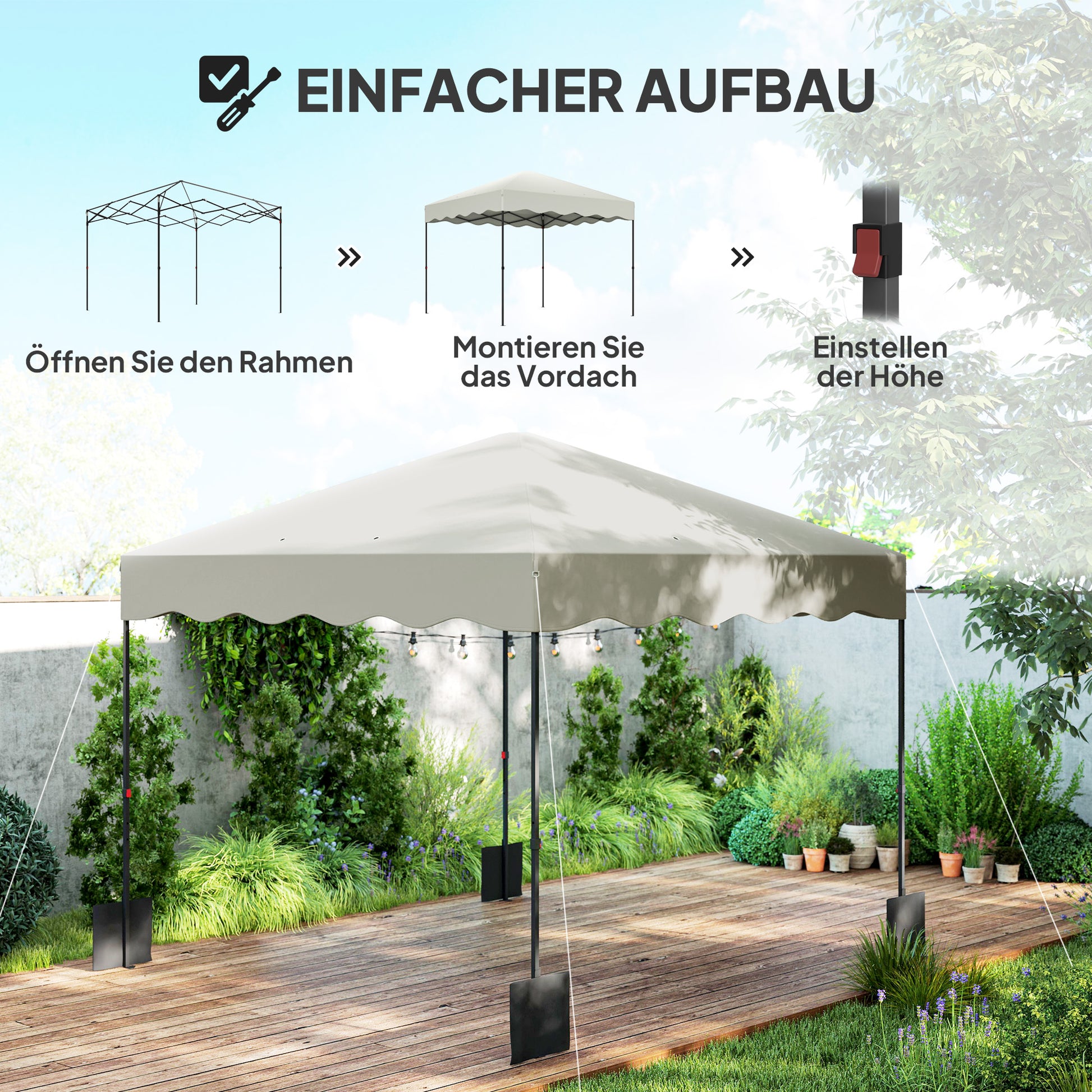 Pop-up-Pavillon 3 x 3m, Höhenverstellbares Gartenzelt, mit Rolltasche, Terrasse, Metall, Stoff