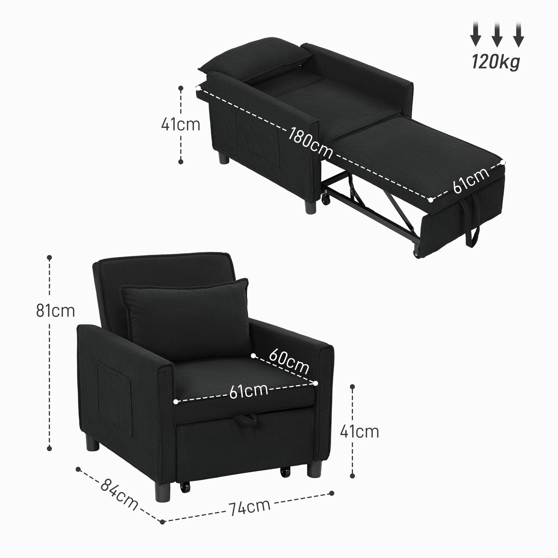Schlafsessel, verstellbar, 3 Positionen, Cordbezug, bis 120 kg, Schwarz/Blau