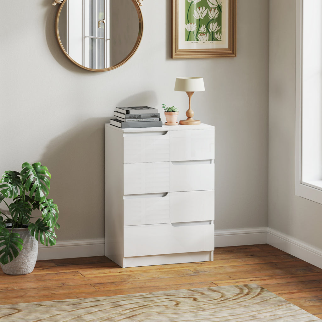 Moderne Kommode, Kleiderschrank, 4 Schubladen, Holz, Kippschutz, Fußpolster, Weiß