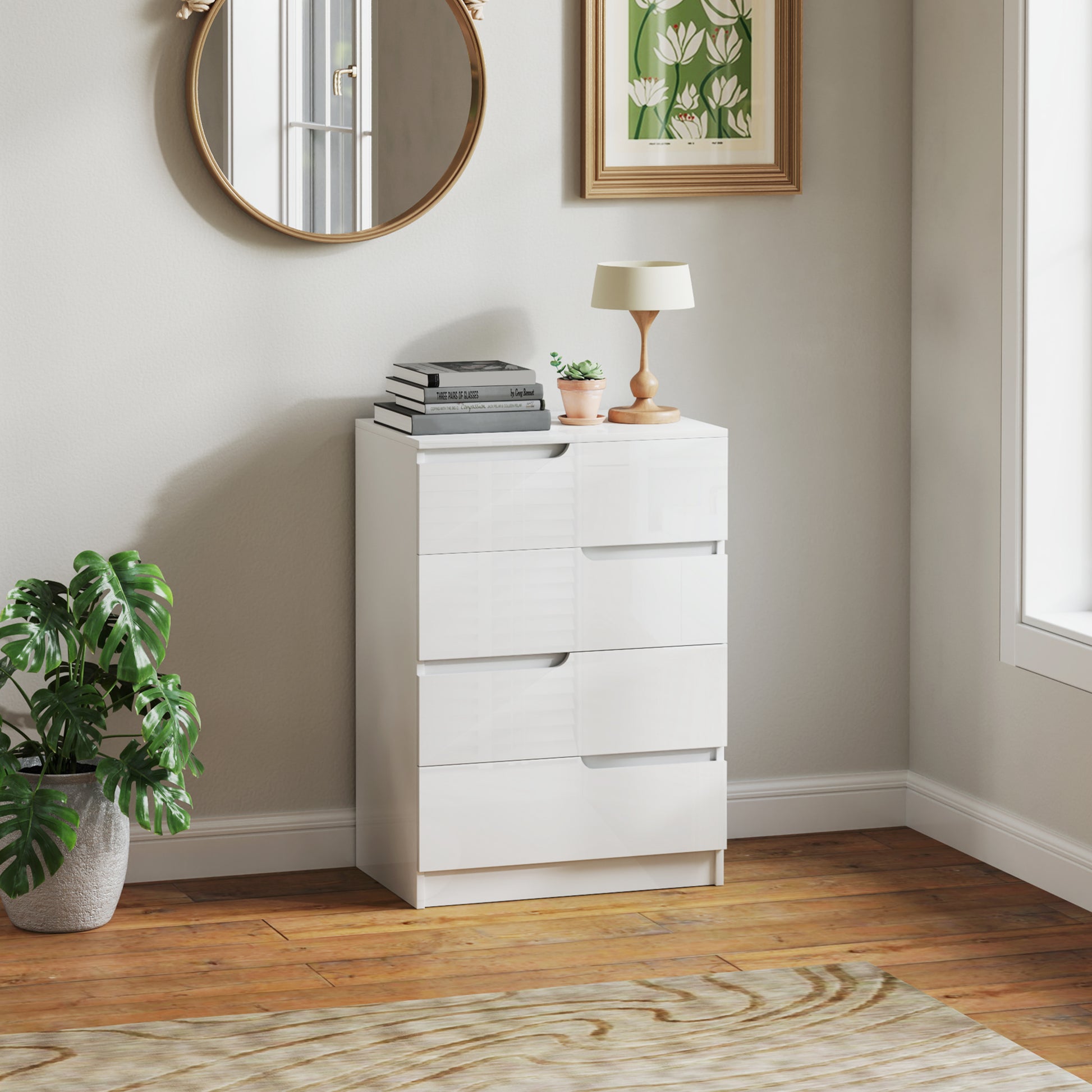 Moderne Kommode, Kleiderschrank, 4 Schubladen, Holz, Kippschutz, Fußpolster, Weiß