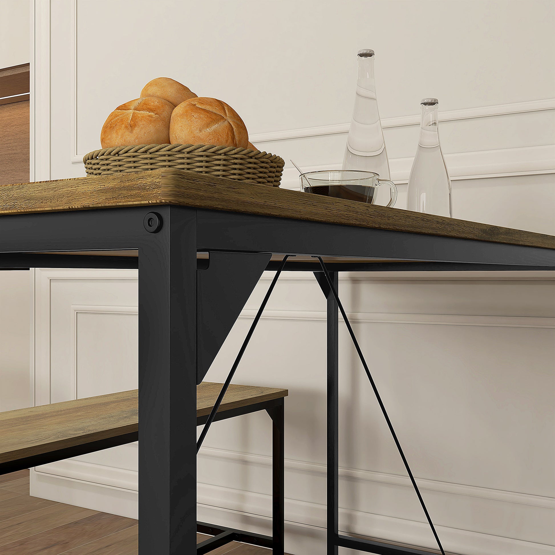 Essgarnitur, Tisch & 2 Bänke, Industrial Design, Stahlrahmen, Holzdekor/Schwarz