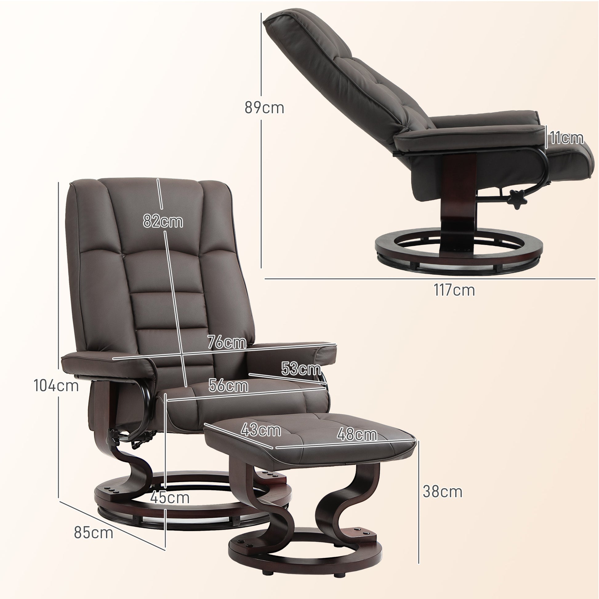 Relaxsessel mit Hocker, drehbar & neigbar, Kunstlederbezug, bis 150 kg, Holzgestell
