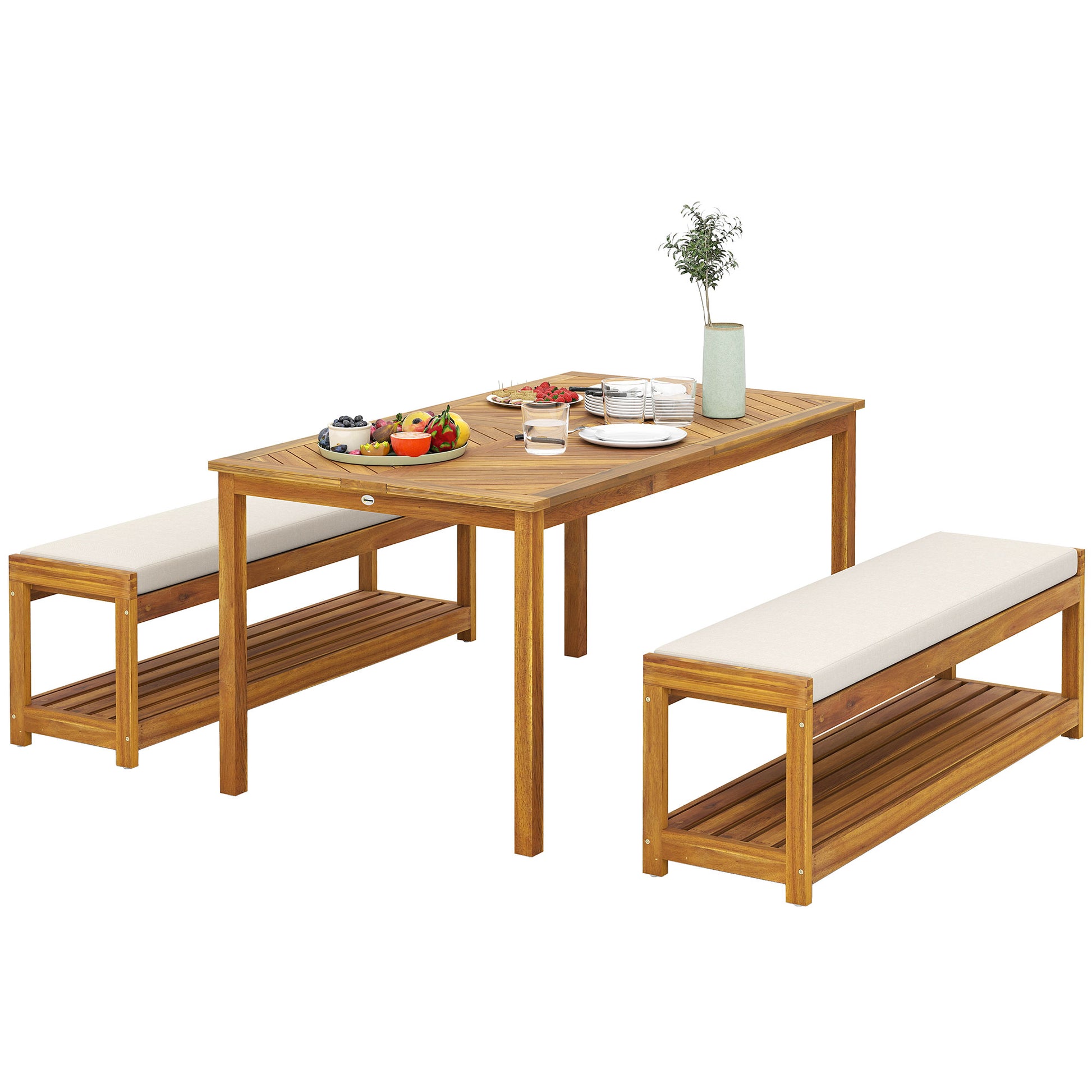 3 tlg. Gartenmöbel-Set, Sitzgarnitur inkl. 1 Esstisch mit Schirmloch, 2 Bänke 150 x 85 x 75 cm