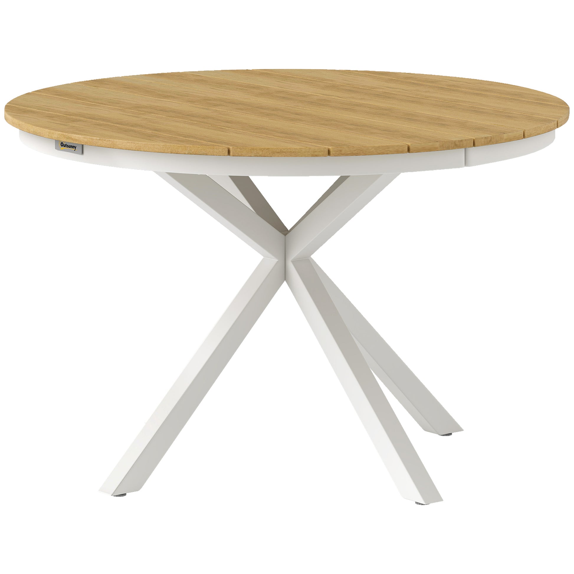 Gartentisch Ø118cm aus Aluminium, Wetterfest, Beistelltisch mit Kreuzbeine Lattendesign Teak