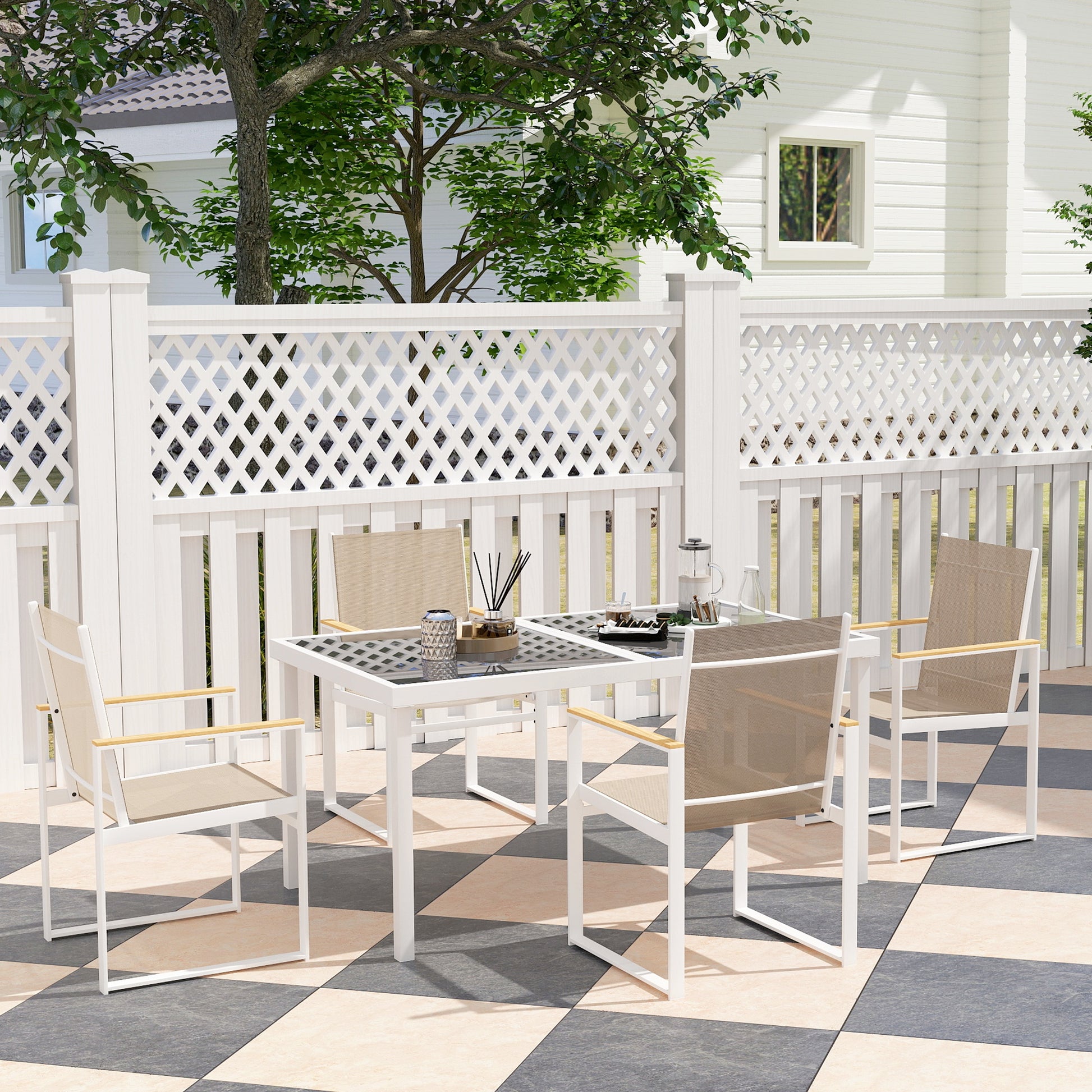 5-teiliges Ess-Set, Outdoor-Tisch aus Hartglas, 4 Stühle, wetterbeständig, Stahlrahmen