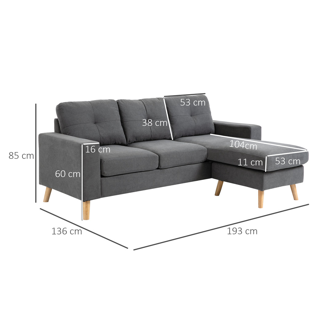 Ecksofa L-Form graue Eckcouch mit Chaiselongue Leinenoptik für 3 Personen 193x136x85cm Dunkelgrau