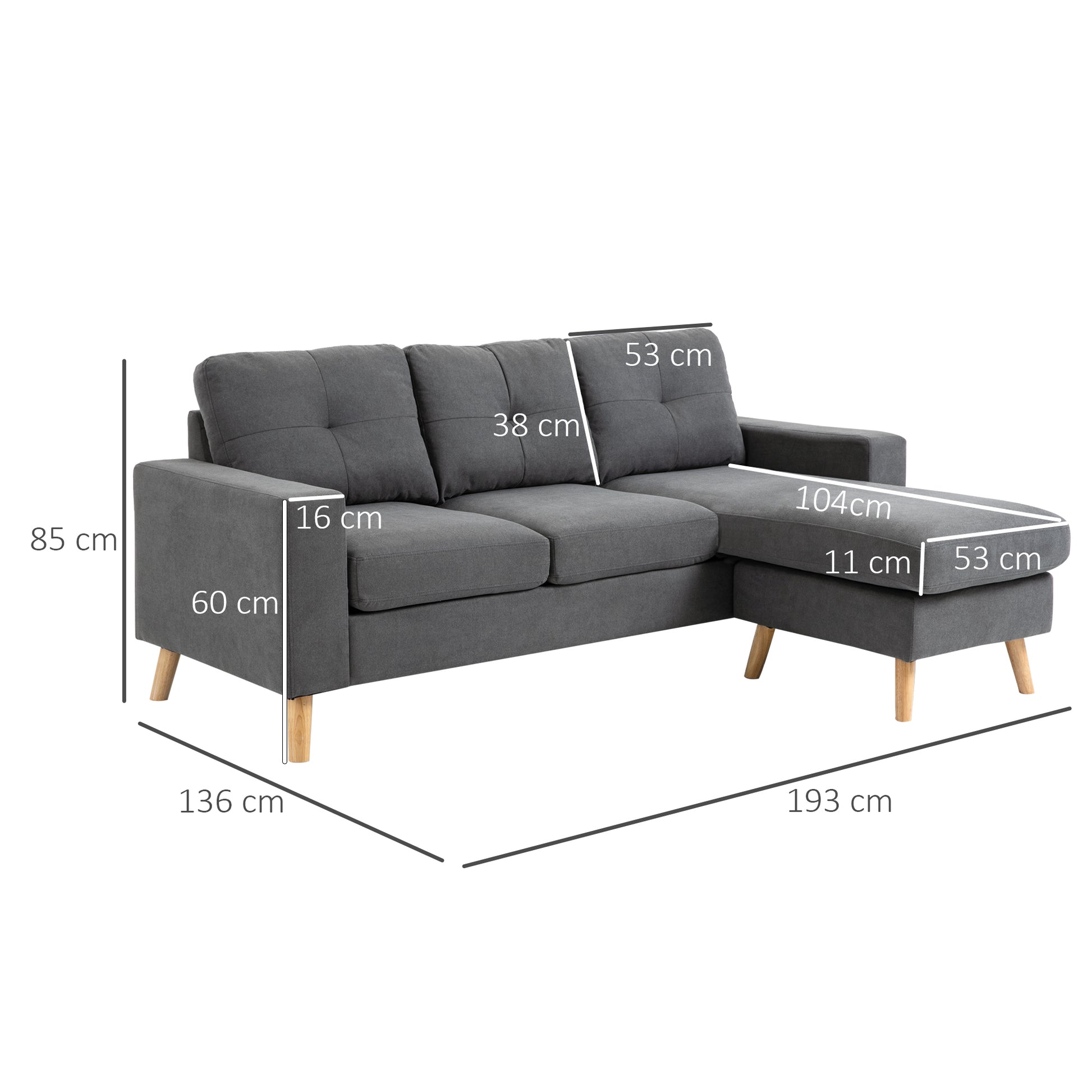 Ecksofa L-Form graue Eckcouch mit Chaiselongue Leinenoptik für 3 Personen 193x136x85cm Dunkelgrau